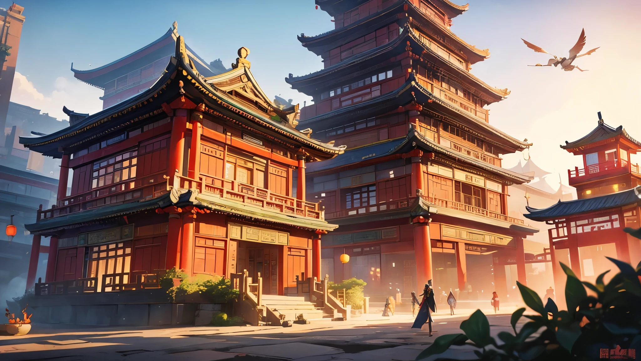 Miniature Asian buildings,Han culture，Colored bricks，Beautiful rendering of the Han Dynasty, Cyberpunk Chinese Ancient Castle, Chinese Fantasy, Ruina Library concept art, ancient library, Chinese dreamland, author：Yang Jie, Dreamy Chinatown, Chinese, In line with Chinese aesthetics, Magic Library Bokeh, Fantasy Book Illustrations,old Chinese building