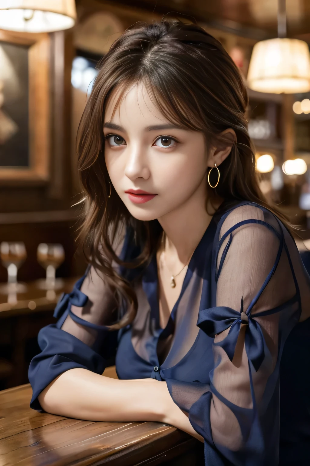 masterpiece, highest quality, Realistic, Very detailed, Finer details, High resolution, 8k wallpaper, One beautiful woman, Wear a navy blue see-through blouse, In a great pub, At night, Light brown messy hair, Perfect dynamic composition, Beautiful and beautiful eyes、Big earrings、Sitting in a chair、