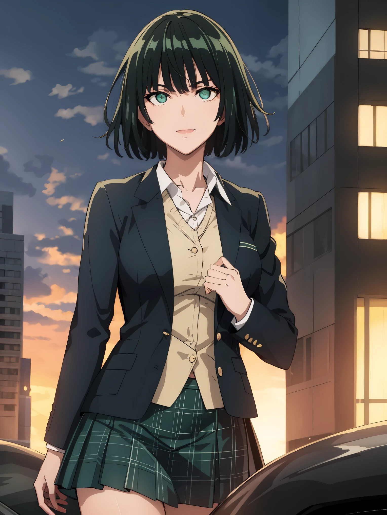 green eyes, (green color hair:1.2),By bang，short hair, 
BREAK (blazer, green jacket, plaid skirt, green skirt:1.2),
BREAK A slight smil、cowboy shot、Look at viewers、battle posture、(Buildings:1.2)、nighttime scene,
BREAK (masterpiece:1.2), best quality, high resolution, unity 8k wallpaper,NSFW ,(illustration:0.8), (beautiful detailed eyes:1.6), extremely detailed face, perfect lighting, extremely detailed CG, (perfect hands, perfect anatomy),