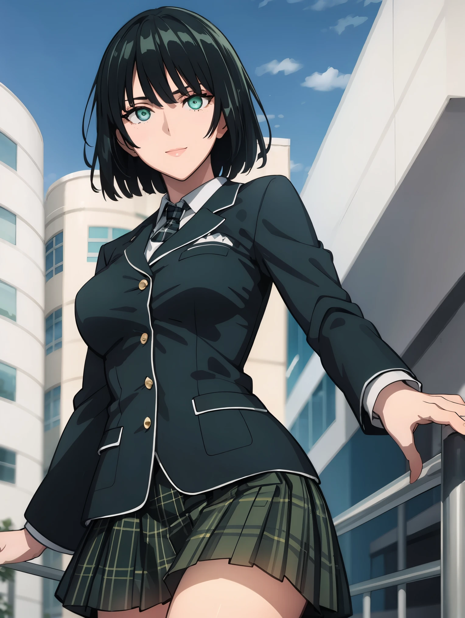 masterpiece, best quality, sakurada, black blazer, black jacket, long sleeves, green necktie, green skirt, black pantyhose, large breasts, from above, park, looking at viewer, cityscape, smile, bridge