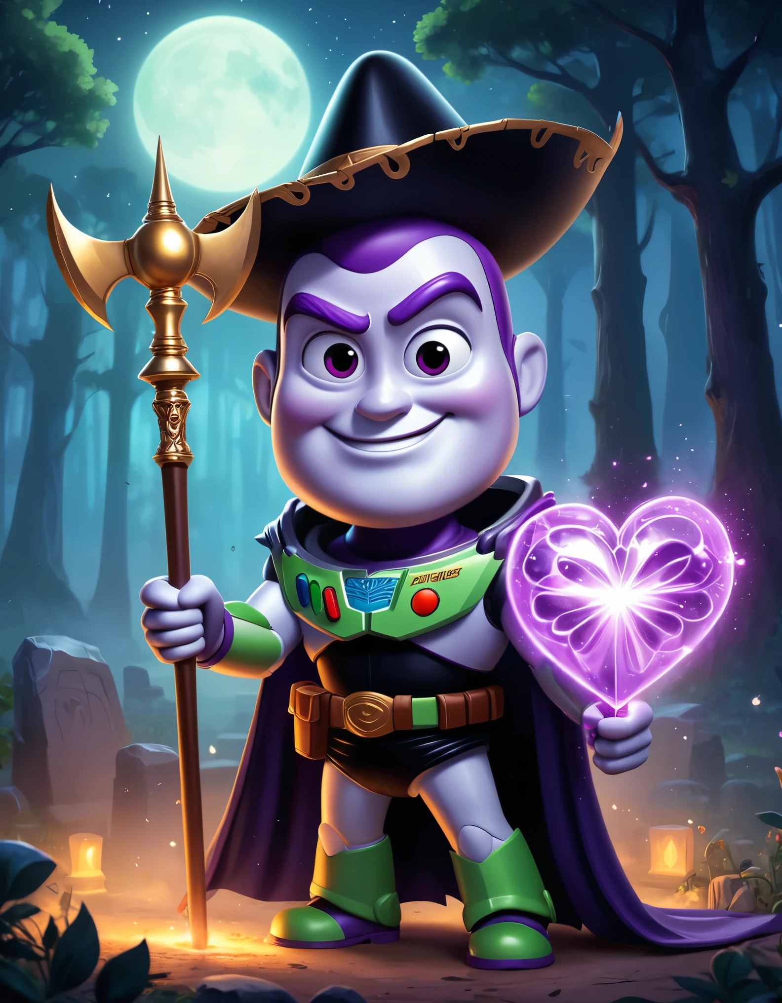 Cute cartoon illustration, (masterpiece in maximum 16K resolution, superb quality, ultra detailed:1.3), menacing ((Buzz Lightyear)) holding a decorative sharp scythe with the ((heart-shaped glowing top)), ((wearing an intricately designed sophisticated full dark cloak)) of purple, summer forest cemetery at misty night, (grand obelisk), ((blurry background)).