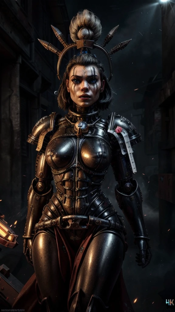 a beautiful woman in power armor, detailed facial features, short black hair, bionic eye, warhammer 40k adeptus sororitas, intricate details, hyper realistic, cinematic lighting, dramatic atmosphere, vibrant colors, masterpiece, best quality, 8k, photorealistic