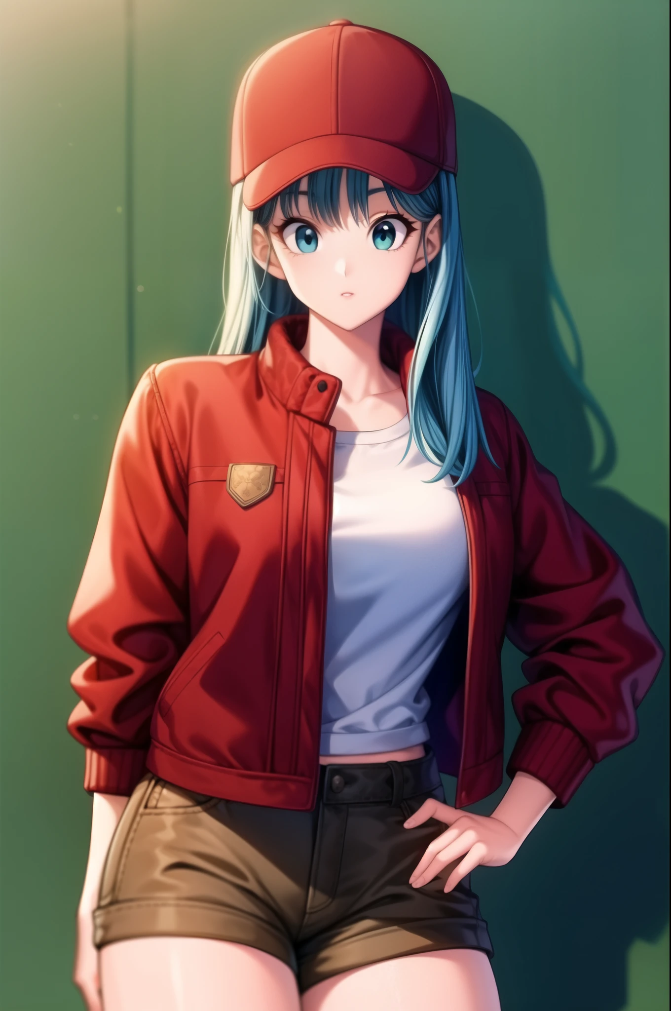dragon ball, blmlong, bulma, aqua hair, long hair, shorts, brown shorts:1, baseball cap, red cap, red headwear, red jacket, leather jacket, white shirt:1.2, cowboy shot, perfect eyes:1.2, detailed eyes:1.6, Ultra-realistic 8K CG, masterpiece, ((ultra-detailed background, delicate pattern, intricate details)), best quality, intricate details, 1girl, solo, (masterpiece:1.6, best quality)