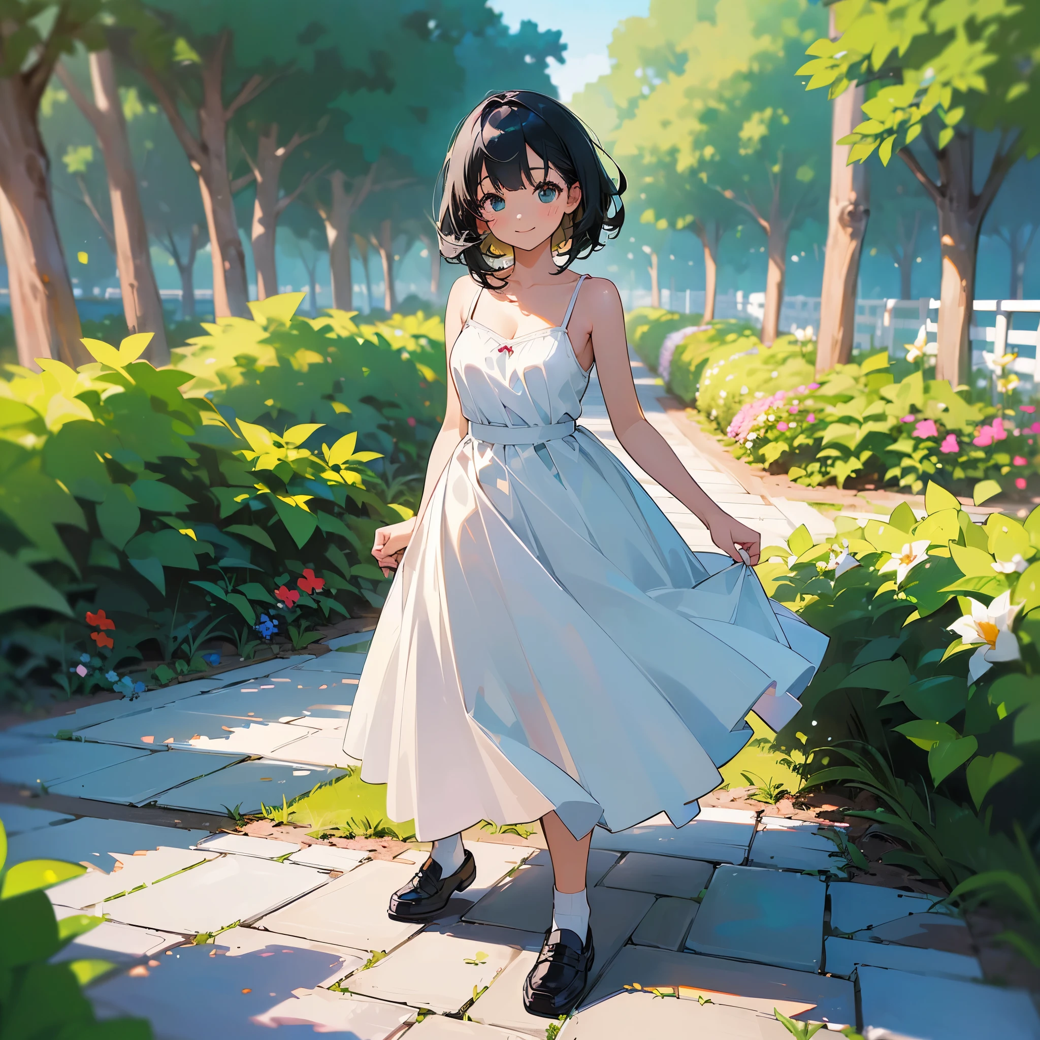 (high quality, High resolution, Very detailed, reality:1.37), Peaceful atmosphere, (Outdoor, garden), Teenage girl standing alone, (my breasts are big.), Beautiful details, Cute Smile, (Black bob hair), White camisole dress, White socks, loafers.