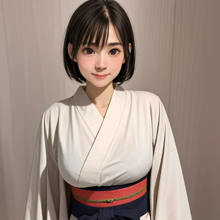 (kawaii 24 year-old Japanese girl, Nogizaka idol, Korean idol), glossy brown hair, (very short hair:1.2), beautiful black eyes, rounded face, narrow shoulders, single eyelid, (no makeup:1.2), big laughing, (yukata, Japanese traditional clothes), extra small breasts, BREAK, (simple white background:1.2), (view from forward, bust shot, id photo:1.2), BREAK, (masterpiece, best quality, photo realistic, official art:1.4), (UHD, 8K quality wallpaper, high resolution, raw photo, golden ratio:1.3), (shiny skin), professional lighting, physically based rendering, award winning, (highly detailed skin texture, extremely detailed face and eyes textures), Carl Zeiss 85 mm F/1.4, depth of field, (1girl, solo),