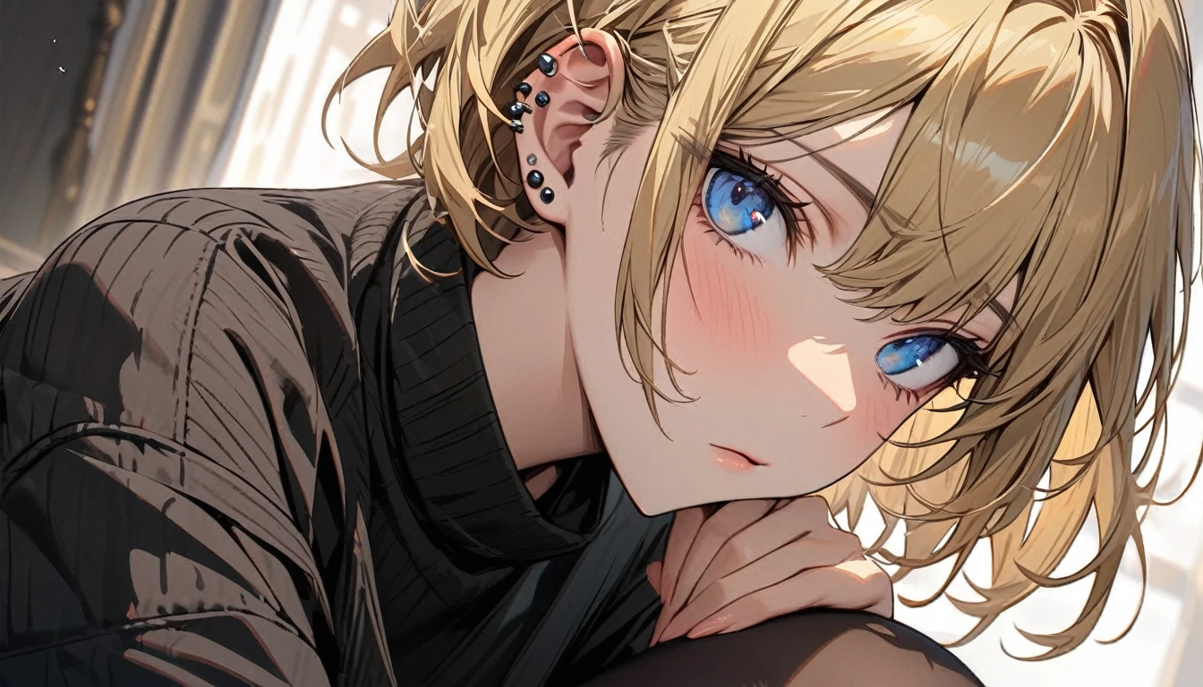 expressionless, master piece, best quality, ultra detailed, handsome, 1 woman, short hair, blonde hair, cute eyes, blue eyes, Black tights, piercing in one ear