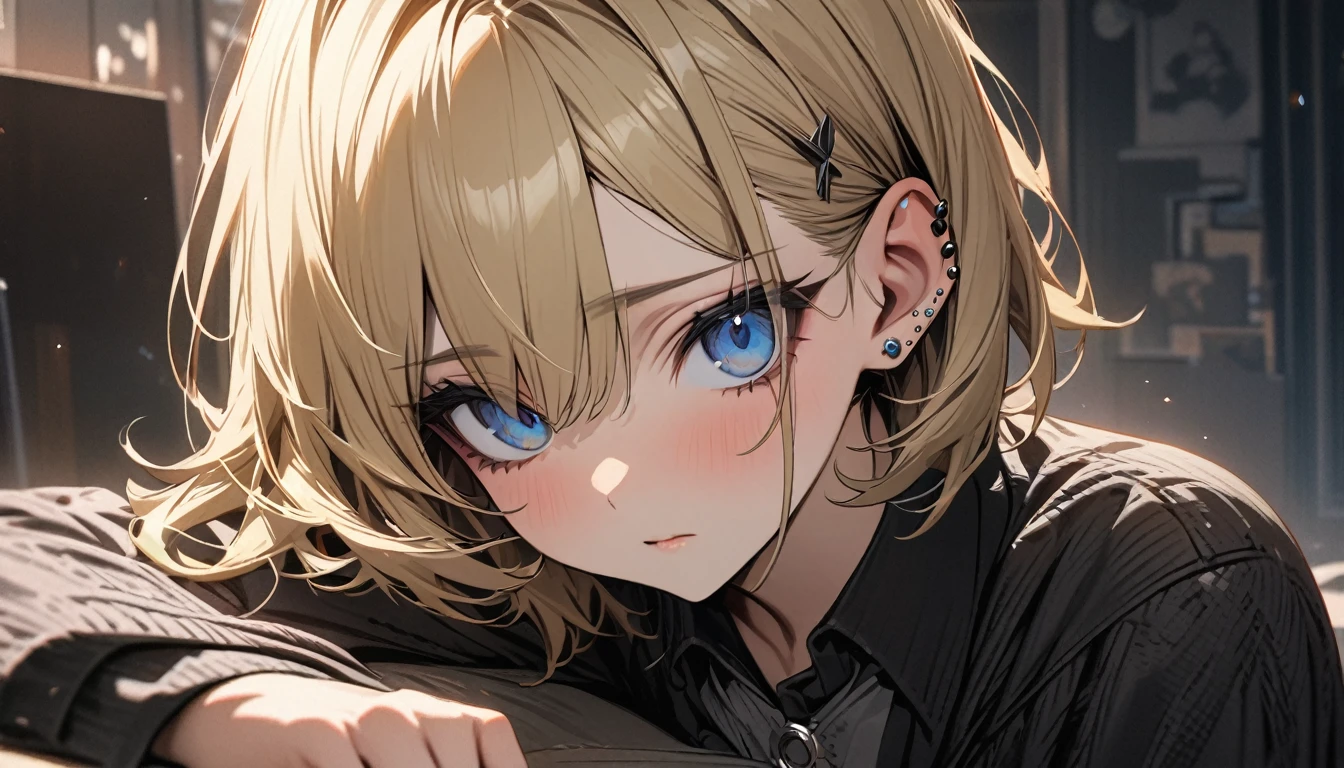 expressionless, master piece, best quality, ultra detailed, handsome, 1 woman, short hair, blonde hair, cute eyes, blue eyes, Black tights, piercing in one ear