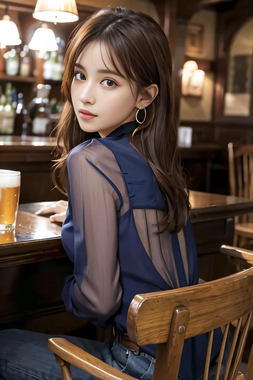 masterpiece, highest quality, Realistic, Very detailed, Finer details, High resolution, 8k wallpaper, One beautiful woman, Wear a navy blue see-through blouse, In a great pub, At night, Light brown messy hair, Perfect dynamic composition, Beautiful and beautiful eyes、Big earrings、Sitting in a chair、Back view、