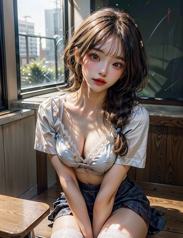 1 beautiful young girl, Pretty Face, (slim body:1.2), Practical, Extremely detailed CG unified 8k wallpaper, Very detailed, High-resolution original color photos, Professional photography, Practical portrait, light, Beautiful and detailed, (Beautiful big), (cleavage:1.2), (School uniform with wide open chest:1.5), (mini skirt:1.3), (Very small white lace panties:1.5), (Squat:1.1), Camel hoof detail, indoors, School, (best quality:1.4), Super Detail, high quality,short hair,蓬勃後short hair,braid,細braid,Breasts look soft、No、plump breasts