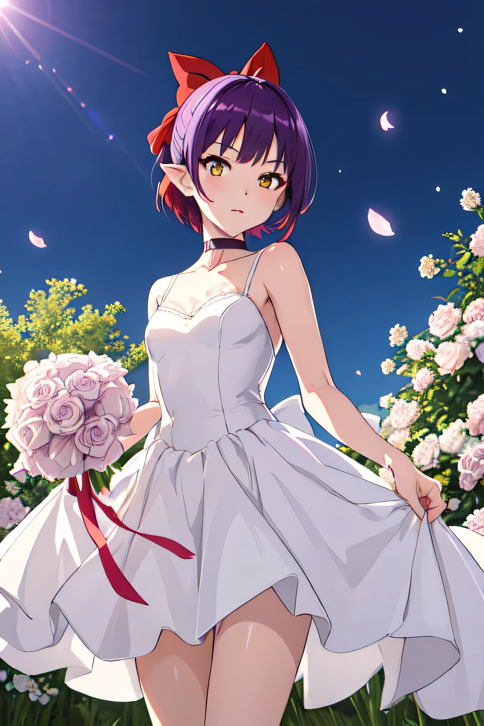  One Girl, Purple Hair, Yellow Eyes, Red choker, Big red hair ribbon, Pointy Ears, short hair, Slender, Very stylish "nekomusume" Flat Chest, Small breasts, highest quality, High resolution, Very detailed, Detailed Background, Perfect lighting, Wedding dress, 白いWedding dress, Long skirt, wedding style, Standing in the middle of a flower garden, Outdoor, Beautiful sky, Bouquet in both hands, View your viewers, Thigh straps, Tilt your head, wedding princess dress, light, Lens flare, White petals