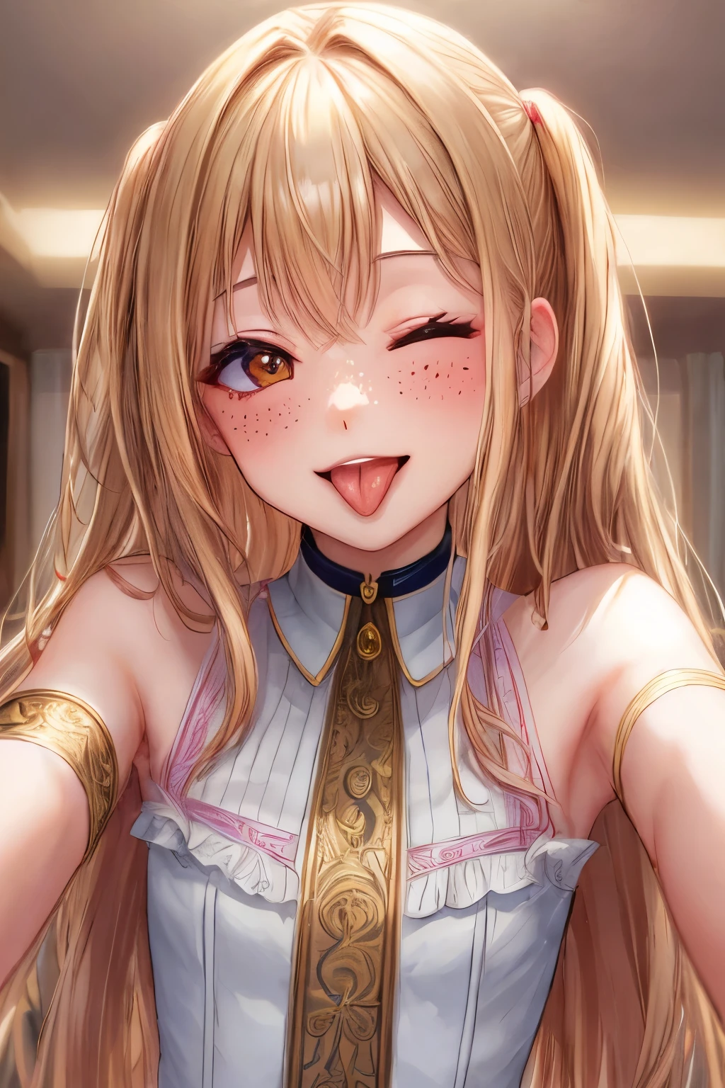 wink, one eye closed, playful smile, tongue out,, masterpiece, best quality, absurdres, highres, 4k, ray tracing, intricate details, highly detailed, (1girl:perfect face, small breasts, long hair, bangs) skin tone, artistic photorealistic drawing of 5, medium shot, bedroom, freckles, blonde hair, dress