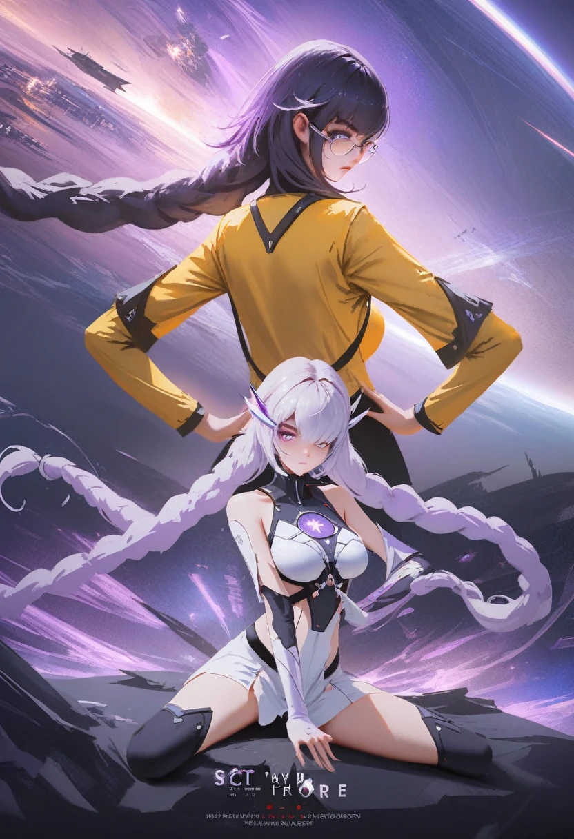 2girls, ((back to back pose)), (cryptic_g, purple eyes long hair, white clothes, long twintails, long braided hair, twintails, silver hair), (Kuroneko, catgirl, black hair, short hair, yellow clothes, hair over one eyes, golden eyes, glasses), dark room, sci-fi, space ship, masterpiece, best quality, amazing quality, very aesthetic, absurdres, intricate details,  epic pose, sci-fi uniform, epic, movie poster, cryptic force, (by wlop:0.3), by rella