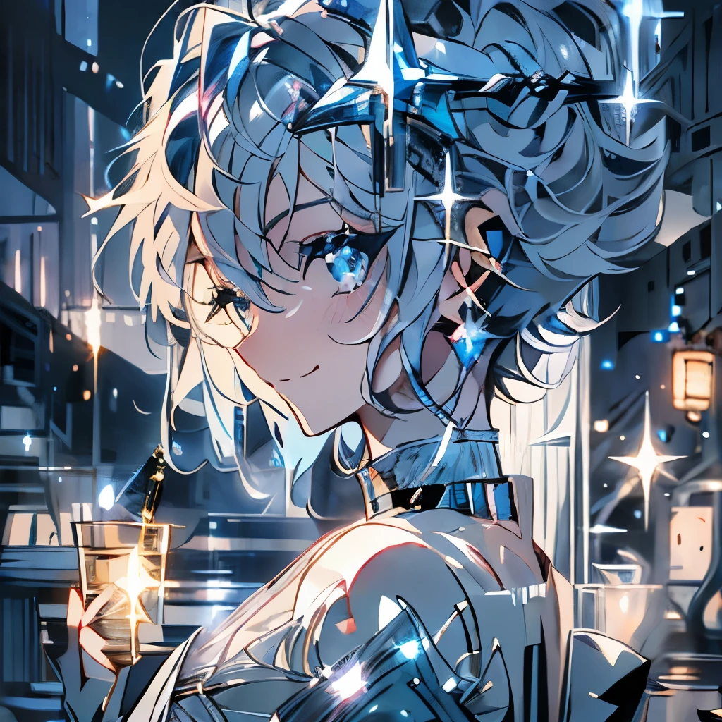 Masterpiece、Blue Hair、jewel-like hair、(((Sparkly Hair)))、Delicate eyes、Short Hair、Blue Eyes、smile、night、Ocean、full moon