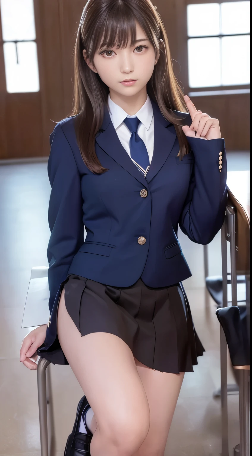 highest quality,Super detailed,masterpiece,Hentai Realism,Photo Rare,Bright lighting,One Girl, Very beautiful girl, (cute:1.6),A faint smile, (Brown eyes),(Dark brown hair),(With bangs),Perfect Glowing Skin,Perfect Skin,((erotic,Sexy and sexually explicit)),((Accurate Pointer,No discomfort)), Big ample breasts,Big breasts, small waist, View your viewers,((Blazer uniform)),((Long sleeve uniform white shirt)),(Navy blue tie),(Navy blue mini skirt、No slits),(((Lift the skirt with your own hands))),(Lifted it himself),(She shows her panties.),Lace and black panties,Panty Focus,(get up,Spread your legs)), socks, (Black socks),(Loafer shoes), During the day,School、classroom、There are desks lined up in the classroom.,School Chair、