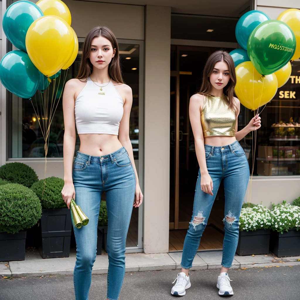 (masterpiece, best quality: 1.2), 1 girl, alone, green eyes, slim, beautiful, jean pants, tight crop top, jollas, tennis shoes, (holding a bouquet of metallic colored balloons), slight smile, looking at the viewer, inside a shopping plaza.