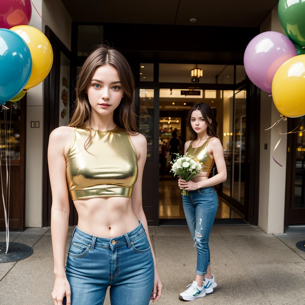 (masterpiece, best quality: 1.2), 1 girl, alone, green eyes, slim, beautiful, jean pants, tight crop top, jollas, tennis shoes, (holding a bouquet of metallic colored balloons), slight smile, looking at the viewer, inside a shopping plaza.