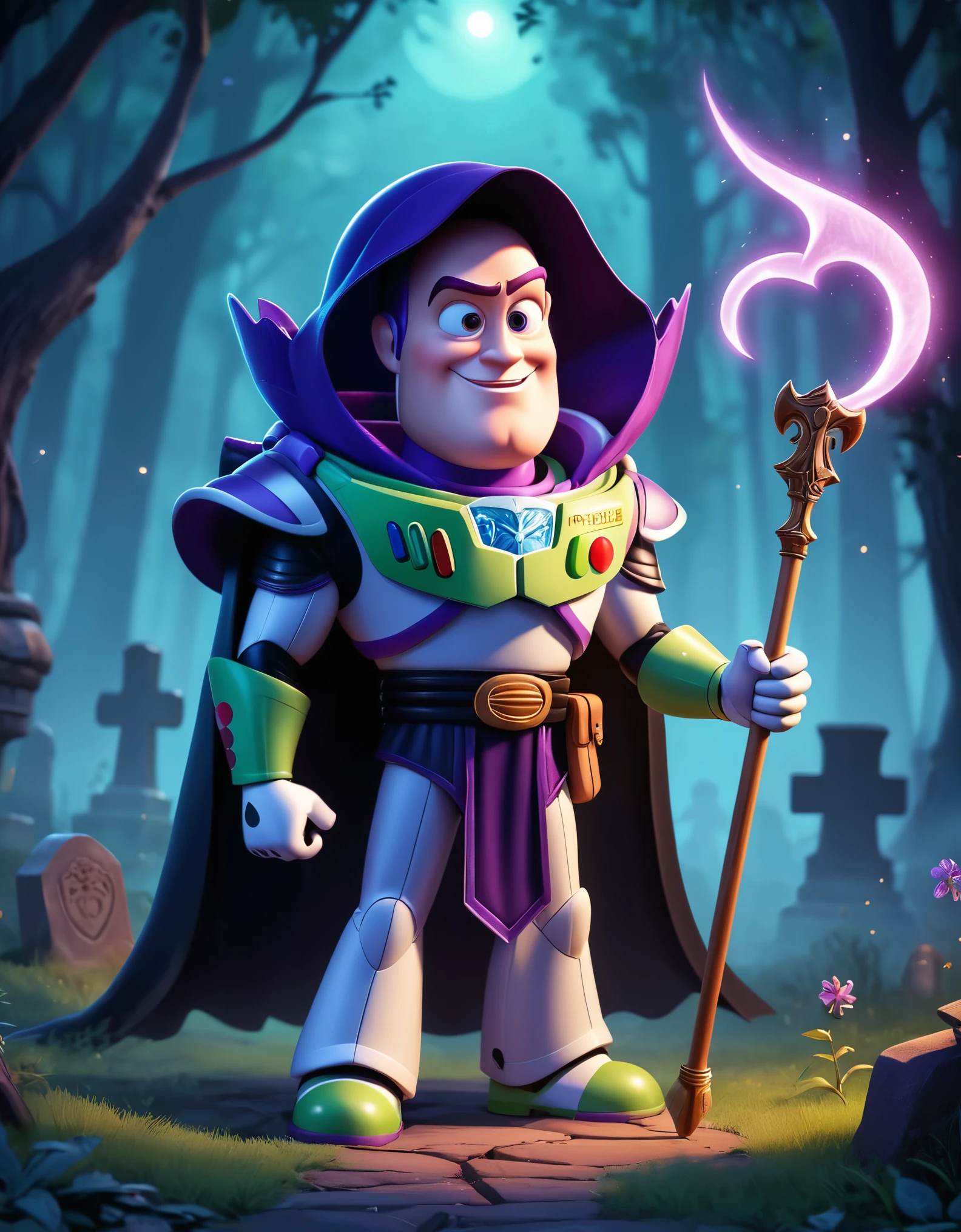 Cute cartoon illustration, (masterpiece in maximum 16K resolution, superb quality, ultra detailed:1.3), menacing ((Buzz Lightyear)) holding a decorative sharp scythe with the ((heart-shaped glowing top)), ((wearing an intricately designed sophisticated full dark cloak)) of purple, summer forest cemetery at misty night, (grand obelisk), ((blurry background)).