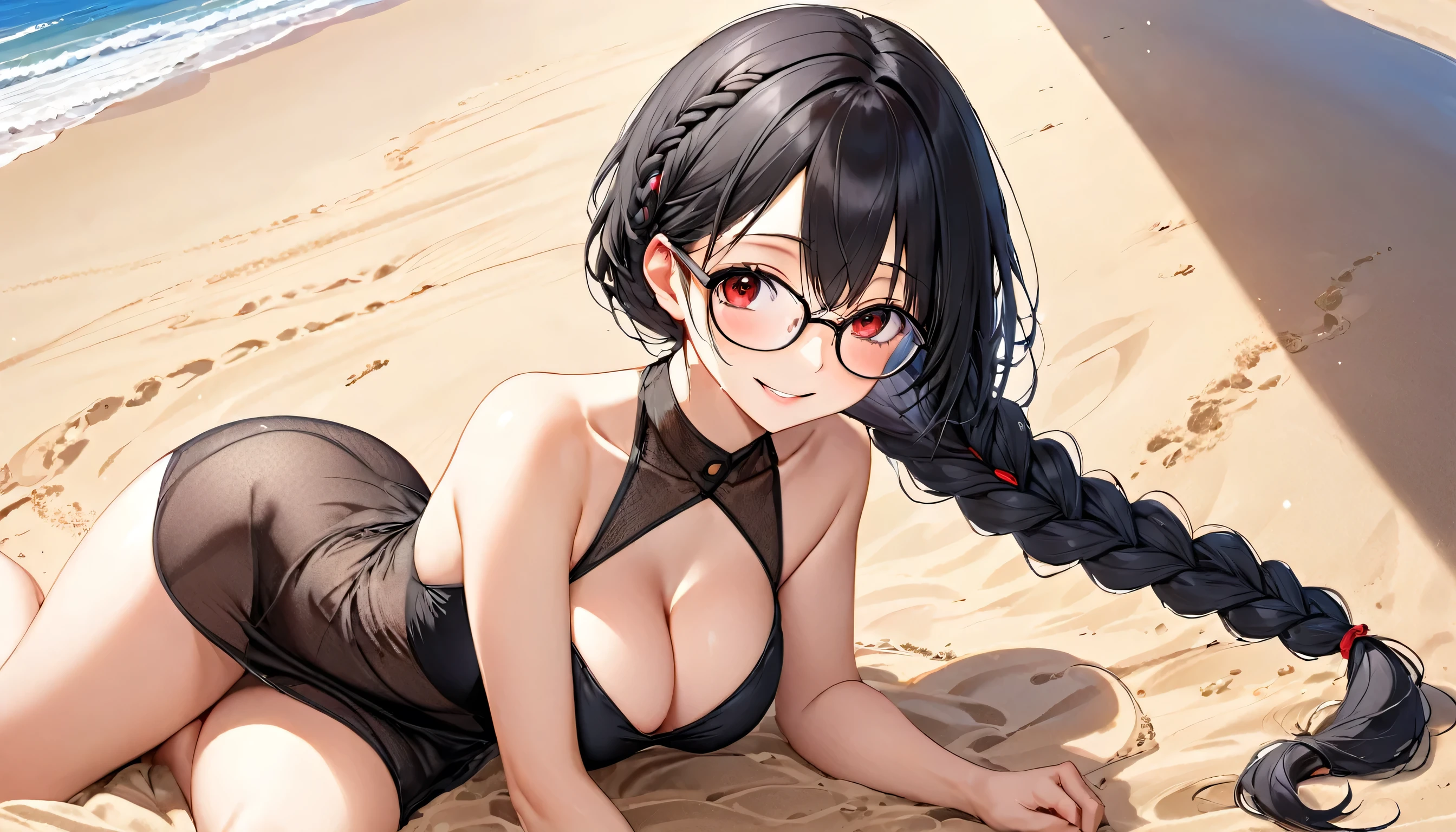 (solo long braid hair black hair cute femdom girl, detailed red eyes, sexy smile, glasses, 18 yo, big tits), (in a summer one piece dress), BREAK, panoramic (in the sandy deach), perfect anatomy, masterpiece, best quality, 16k.
