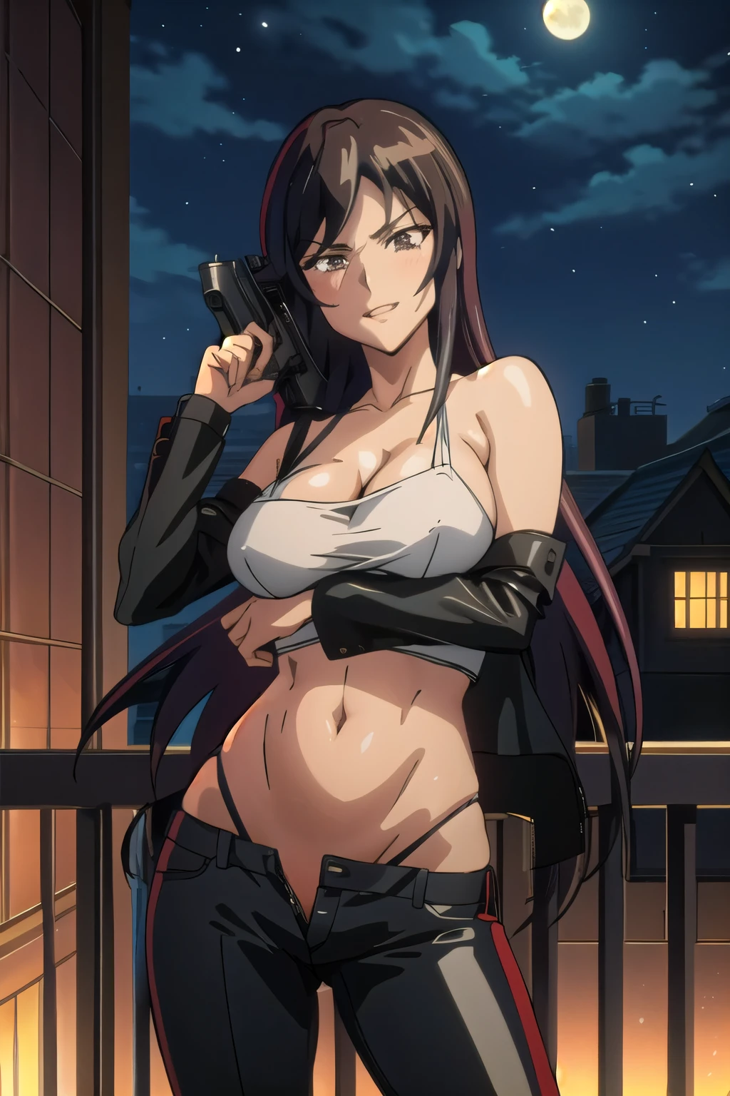 kurihara mari, long hair, smile, parted lips , outdoors, rooftop, cityscape, building, railing, night, night sky, scenery, moon, city lights, blush, lipstick, outdoors, rooftop, cityscape, building, railing, night, night sky, scenery, moon, city lights, blush, lipstick, 1girl, revolver, masterpiece, best quality, highly detailed, a girls with a gun, evil smile , sexy gaze, badass pose , evil smile, smile, , guns blazing, anime girl with long hair, beautiful long haired girl, navel, evil expression, exposed belly, exposed navel, exposed midriff, exposed lower belly, long black pants, crop top, cleavage, unbuttoned leather pants ,open fly, low rise black leather pants, leather jacket, holding a gun,