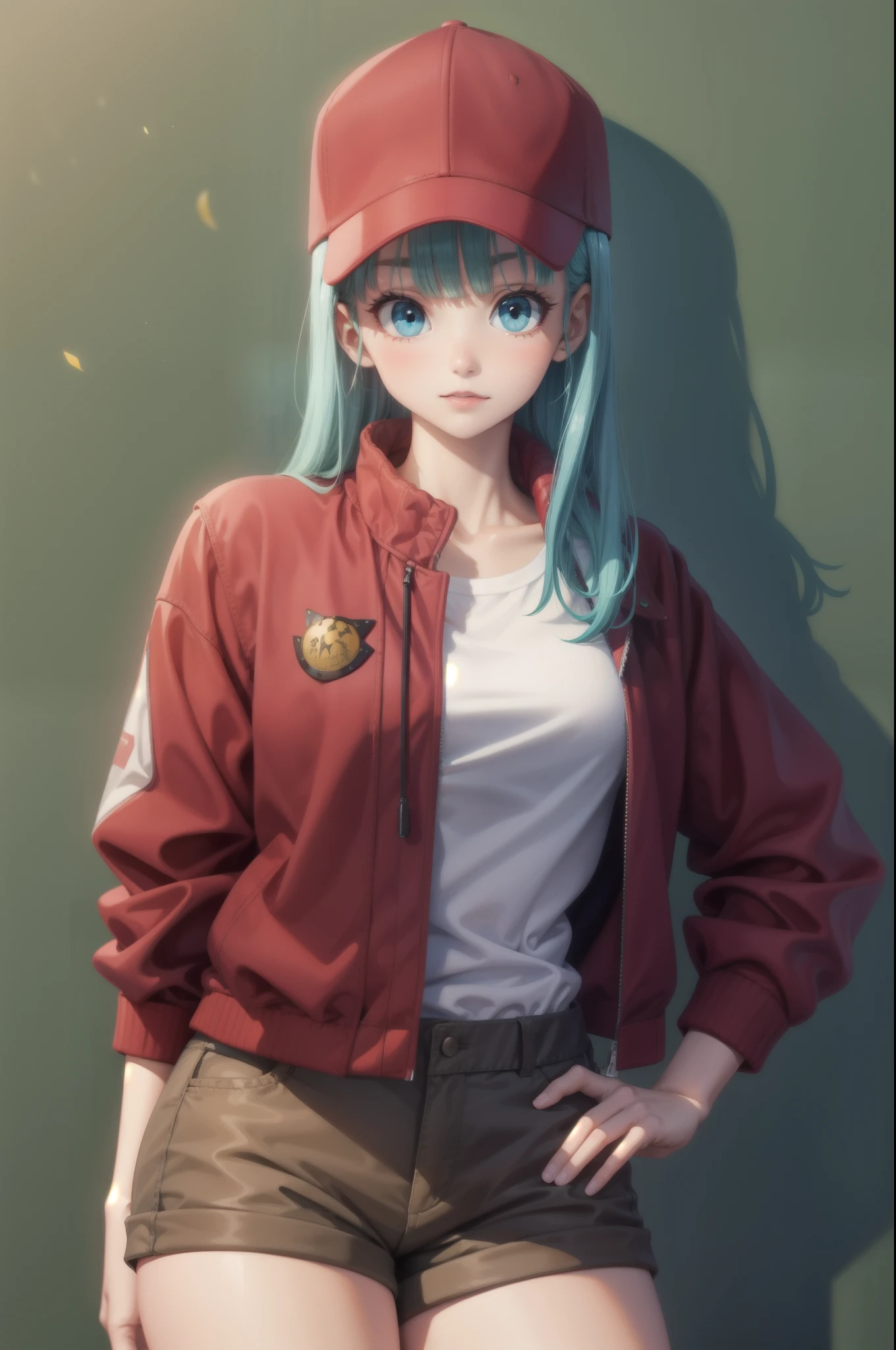 Dragon sphere, blmlong, bulma, water hair, cabelo longo, shorts, shorts marrons:1, boné de baseball, Red cap, Red Hat, jaqueta vermelha, jaqueta de couro, camisa branca:1.2, tiro de vaqueiro, olhos perfeitos:1.2, olhos detalhados:1.6, CG 8K ultrarrealista, Obra de arte, ((fundo ultra-detalhado, delicate pattern, detalhes intrincados)), melhor qualidade, detalhes intrincados, 1 garota, Sozinho, (Obra de arte:1.6, melhor qualidade)