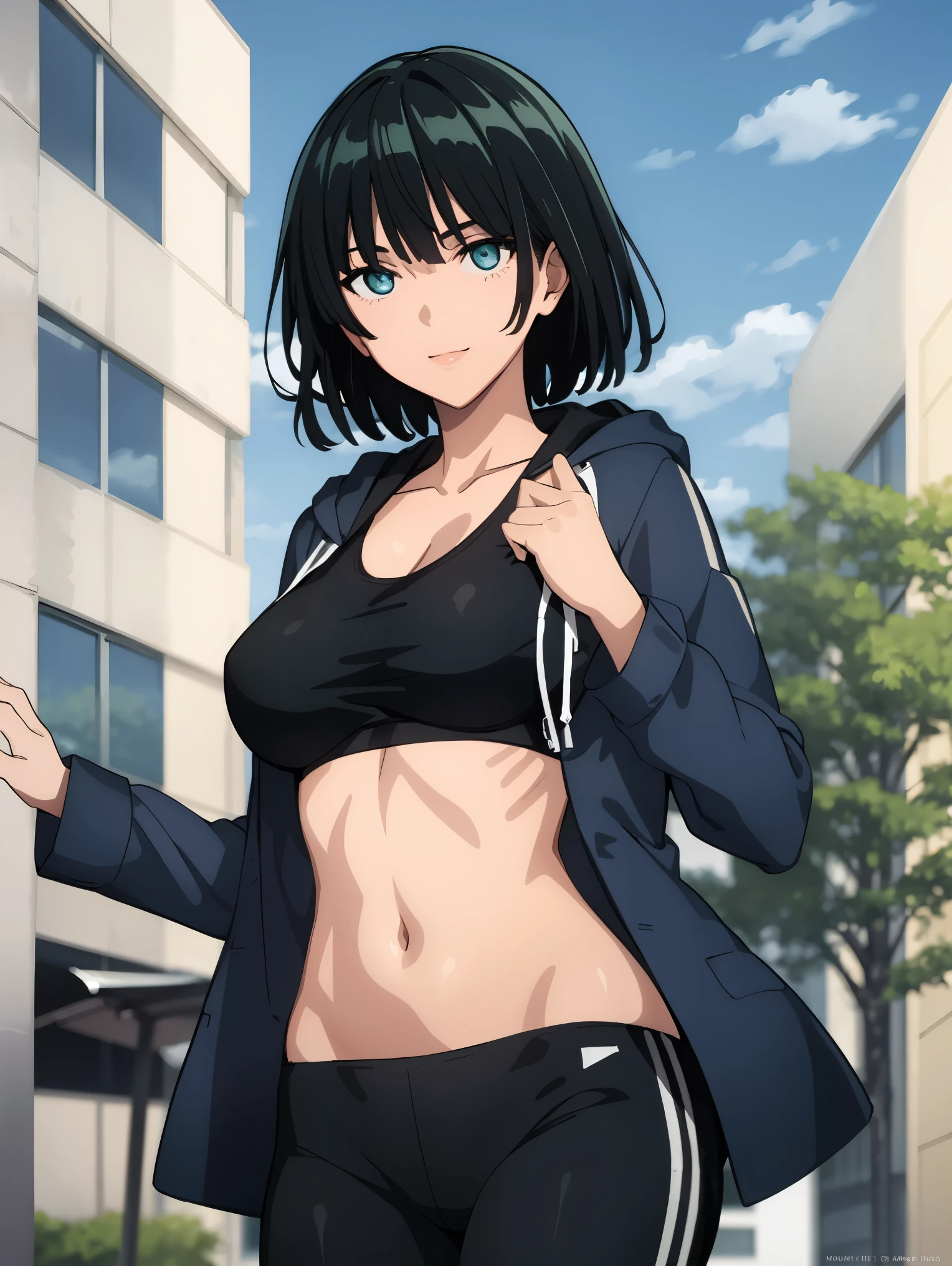 ((1girl)),((alone)), komi shuuko,(masterpiece), (best quality), (ultra detailed), (best illustration), (best shadow), (absurdities), sharp focus, cowboy shot , dynamic posture looking at the viewer, big breasts, narrow waist, wide hips, wide thighs, round butt, erotic, romantic, (very detailed eyes, lips 1.1), very detailed eyes, eyes, Very detailed face, Very beautiful face, height full, beautiful slim figure, femininity, expressive appearance, elastic big breasts, increased sexuality, ((short hair)), wavy hair, dark purple hair, parted on the left side of the head, dark purple eyes, smiling, seductive, makeup , light pink lipstick, jewelry, ring, white cropped shirt, outstanding shaft top, collarbone, yoga pants, tight pants, thigh gap, thick thighs, black pants, denim shot, defined body, perfect and beautiful body, perfect and beautiful, closed mouth, smile, seductive smile, blushing, (sexy pose: 1.2), ((solo)), standing: 1.3, outdoor, cityscape, streets, city, night, city lights looking back, from back,((focus on ass)), point of view:(from below), red blush, perfect anatomy, perfect hands