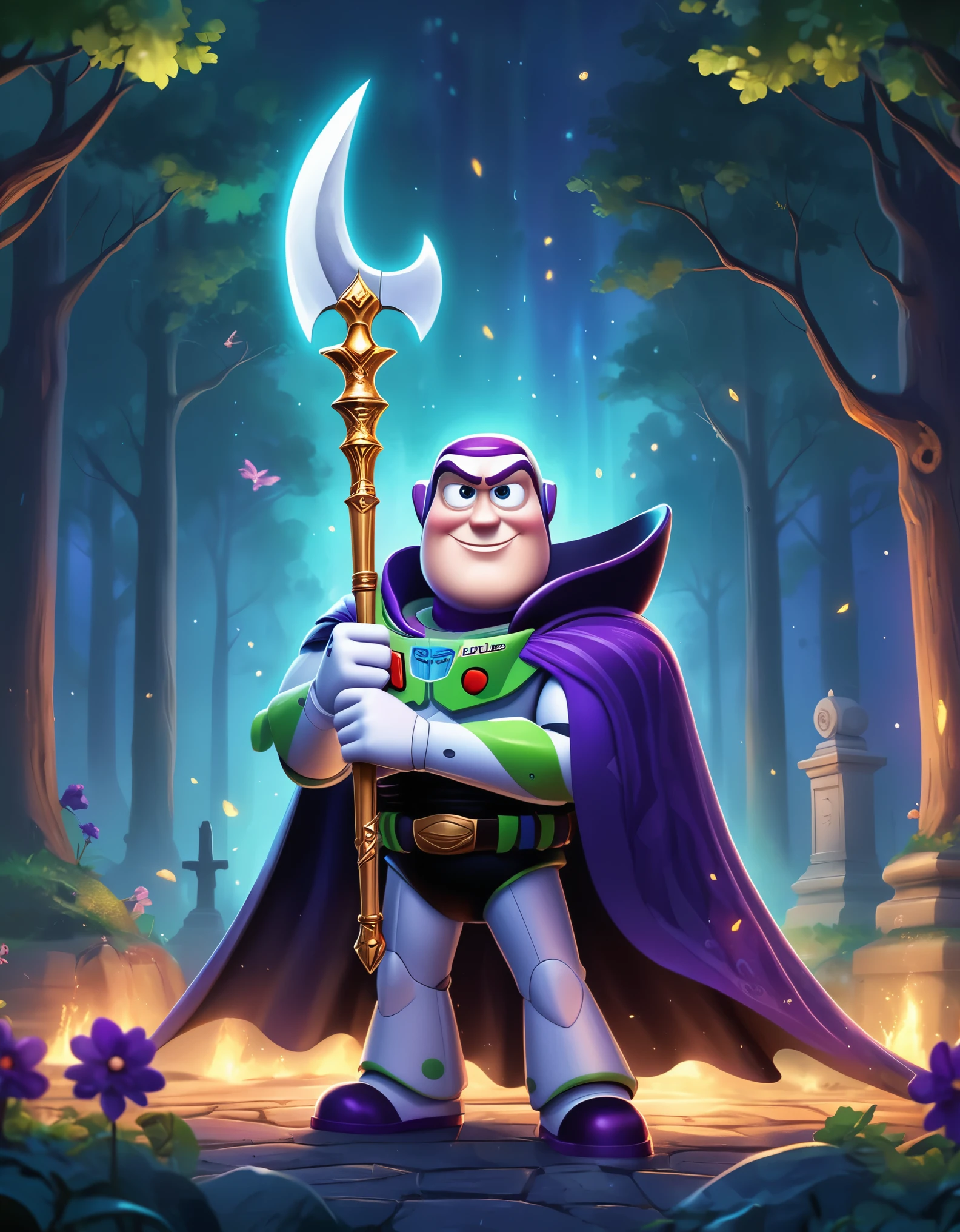 Cute cartoon illustration, (masterpiece in maximum 16K resolution, superb quality, ultra detailed:1.3), menacing ((Buzz Lightyear)) holding a decorative sharp scythe with the ((heart-shaped glowing top)), ((wearing an intricately designed sophisticated full dark cloak)) of purple, summer forest cemetery at misty night, (grand obelisk), ((blurry background)).