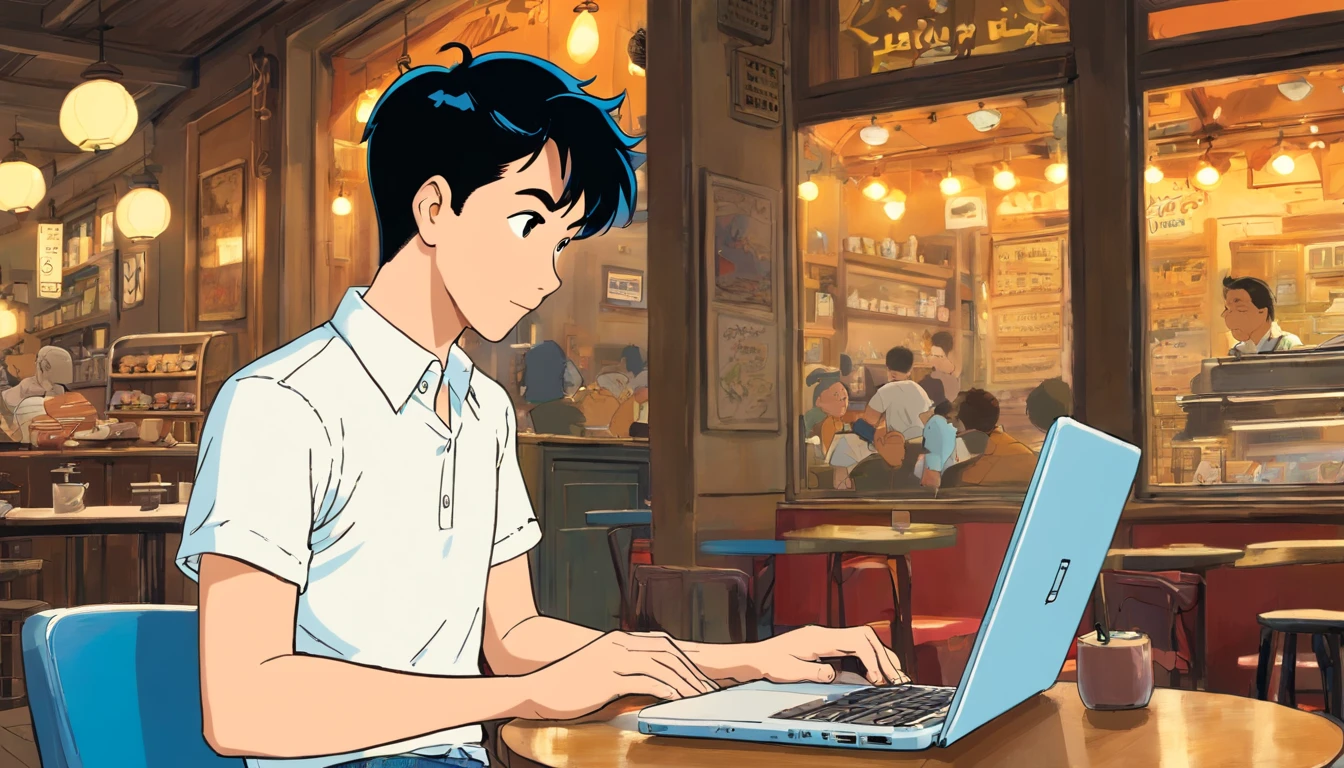 Tintin, male wearing white shirt and blue denim jeans working on a laptop at a cafe, slick and neat short black hair, herge, european comics,