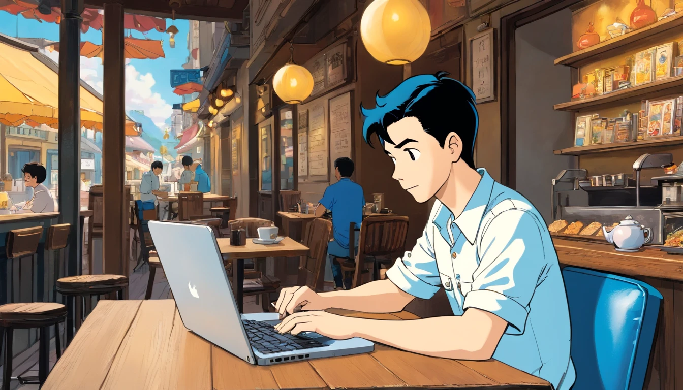 Tintin, male wearing white shirt and blue denim jeans working on a laptop at a cafe, slick and neat short black hair, herge, european comics, 