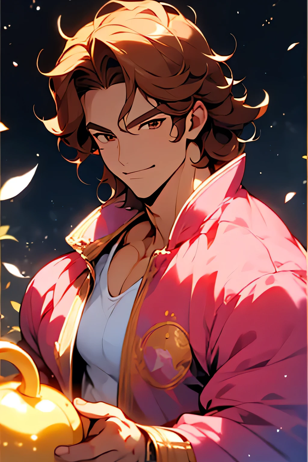 avatar,short wavy hair, white shirt,pink jacket, young male, brown eyes, night time, brown hair, smirk, golden crown