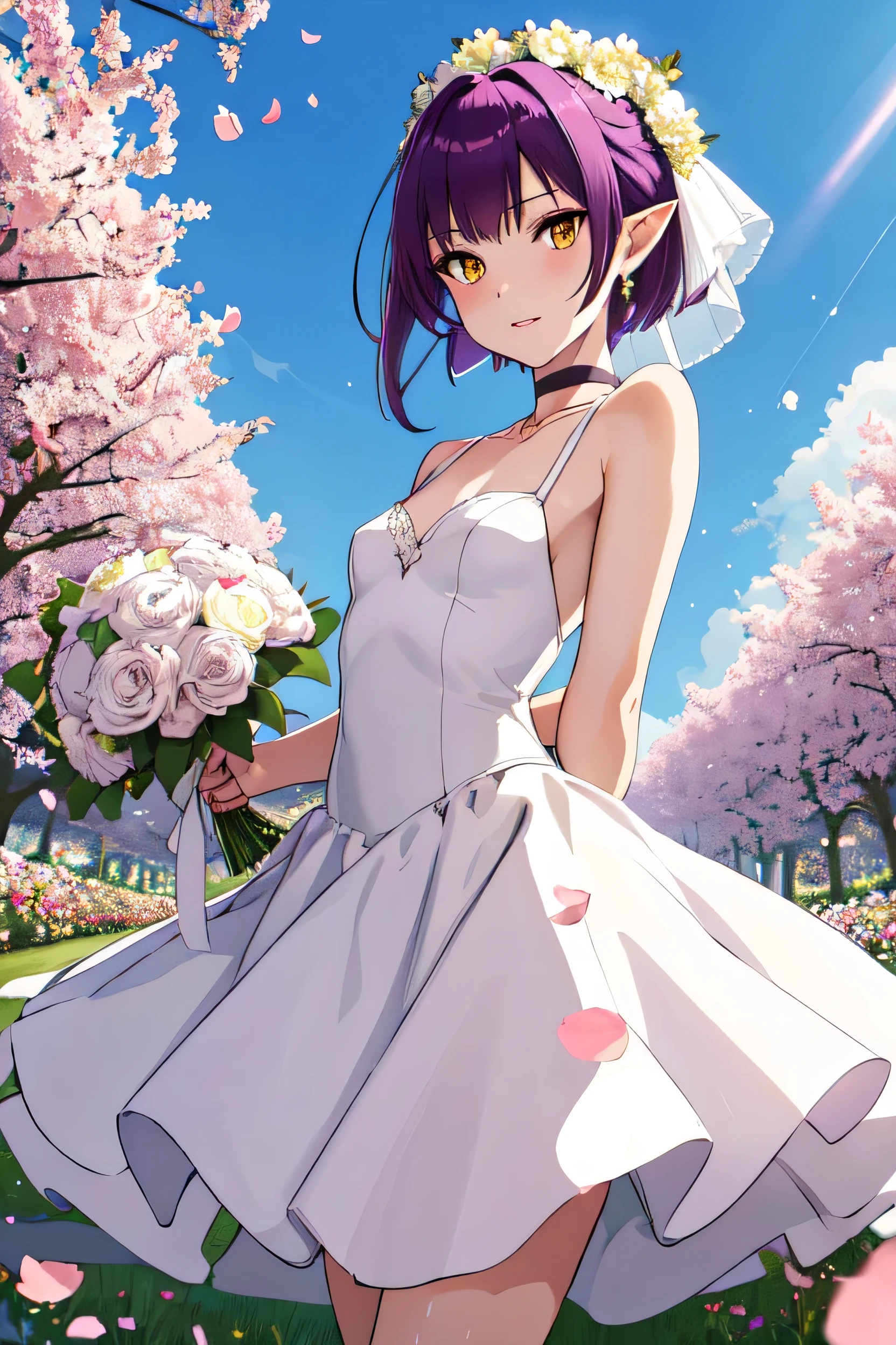  One Girl, Purple Hair, Yellow Eyes, Red choker, Big red hair ribbon, Pointy Ears, short hair, Slender, Very stylish "nekomusume" Flat Chest, Small breasts, highest quality, High resolution, Very detailed, Detailed Background, Perfect lighting, Wedding dress, 白いWedding dress, Long skirt, wedding style, Standing in the middle of a flower garden, Outdoor, Beautiful sky, Bouquet in both hands, View your viewers, Thigh straps, Tilt your head, wedding princess dress, light, Lens flare, White petals