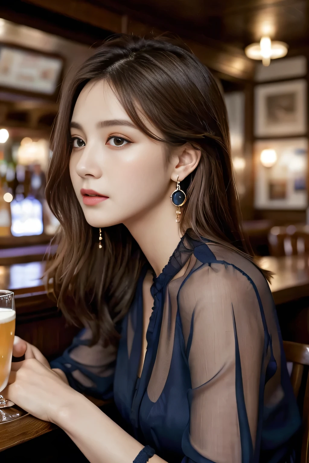 masterpiece, highest quality, Realistic, Very detailed, Finer details, High resolution, 8k wallpaper, One beautiful woman, Wear a navy blue see-through blouse, In a great pub, At night, Light brown messy hair, Perfect dynamic composition, Beautiful and beautiful eyes、Big earrings、Sitting in a chair、Back view、