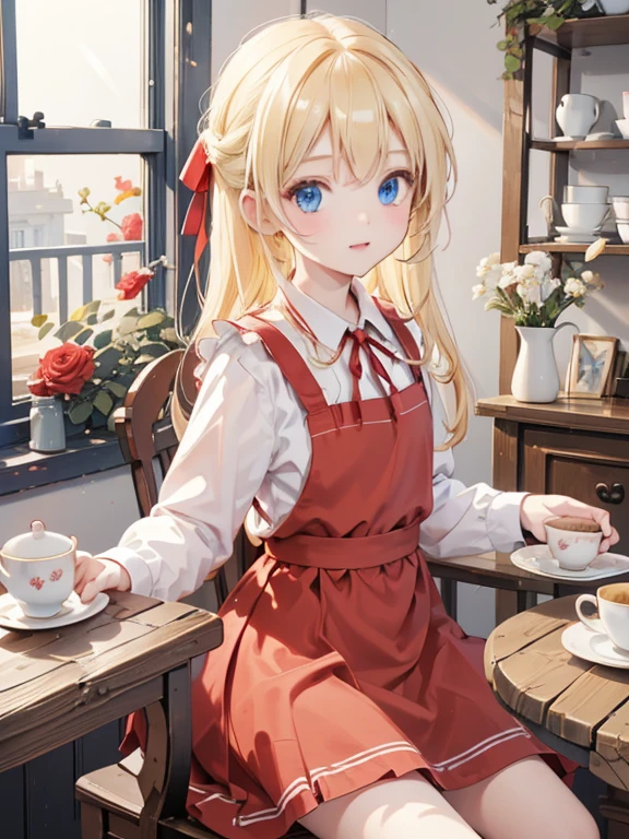 (8k, highest quality, Tabletop:1.2)、Ultra-high resolution, Detailed face, One -yeld gi blue eyes, Blonde, Red ribbon on head, Red dress, White apron, blue sky, garden, Red Rose, table cloth, Set of cake and tea on the table, Sit on a chair