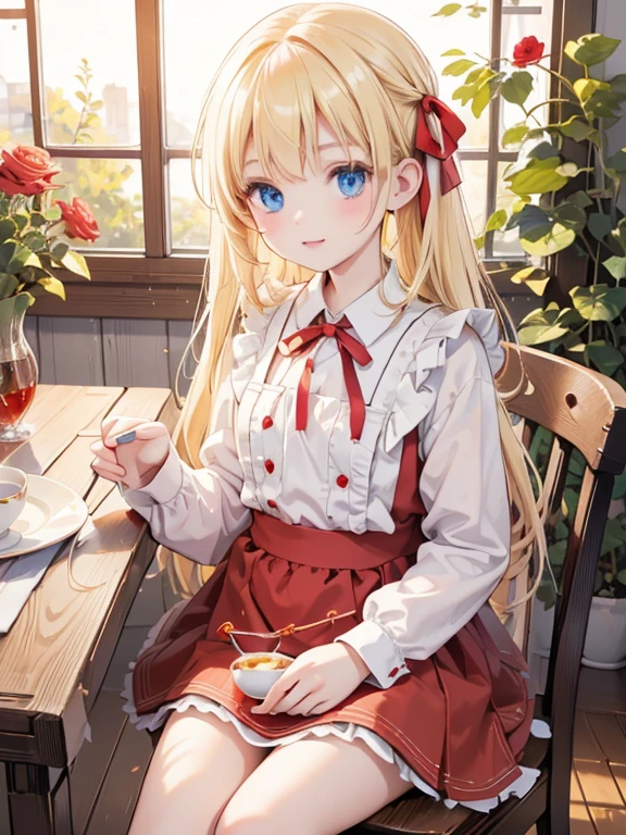 (8k, highest quality, Tabletop:1.2)、Ultra-high resolution, Detailed face, One ****************, blue eyes, Blonde, Red ribbon on head, Red dress, White apron, blue sky, garden, Red Rose, table cloth, Set of cake and tea on the table, Sit on a chair