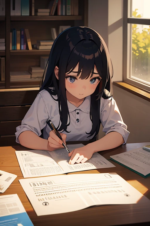 an 8 year old girl sitting at a glass table doing math exercises