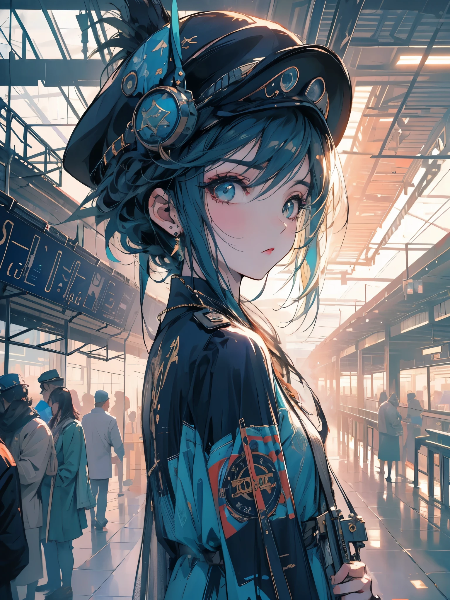 1 garota, aviator hat , Sozinho, vapor punk, train station, , vapor, smoke, Obra de arte, altamente detalhado,HDR,8k resolution, melhor qualidade,