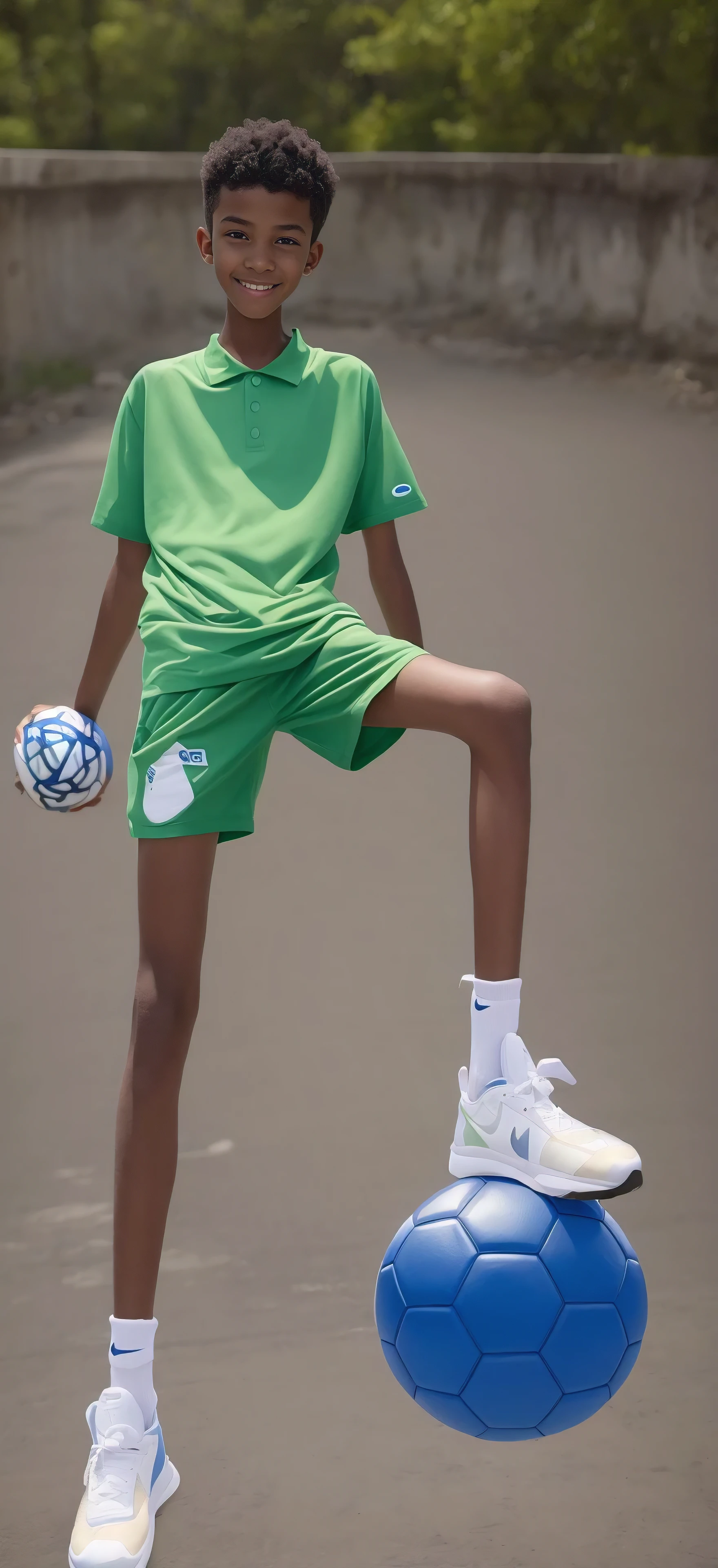 14 year old boy，（Wearing white tennis clothes，Wearing green socks），Dark skin，Big round eyes，Very short hair，Tall and skinny，Toothy Smile，Sharpen details，Knee bending，Blue Background