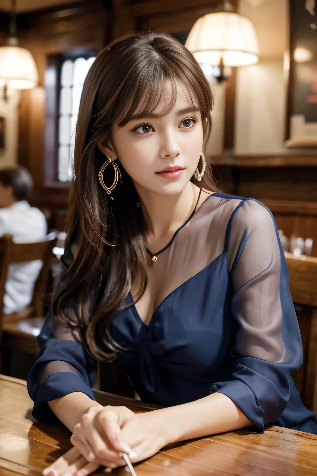 masterpiece, highest quality, Realistic, Very detailed, Finer details, High resolution, 8k wallpaper, One beautiful woman, Wear a navy blue see-through blouse, In a great pub, At night, Light brown messy hair, Perfect dynamic composition, Beautiful and beautiful eyes、Big earrings、Sitting in a chair、