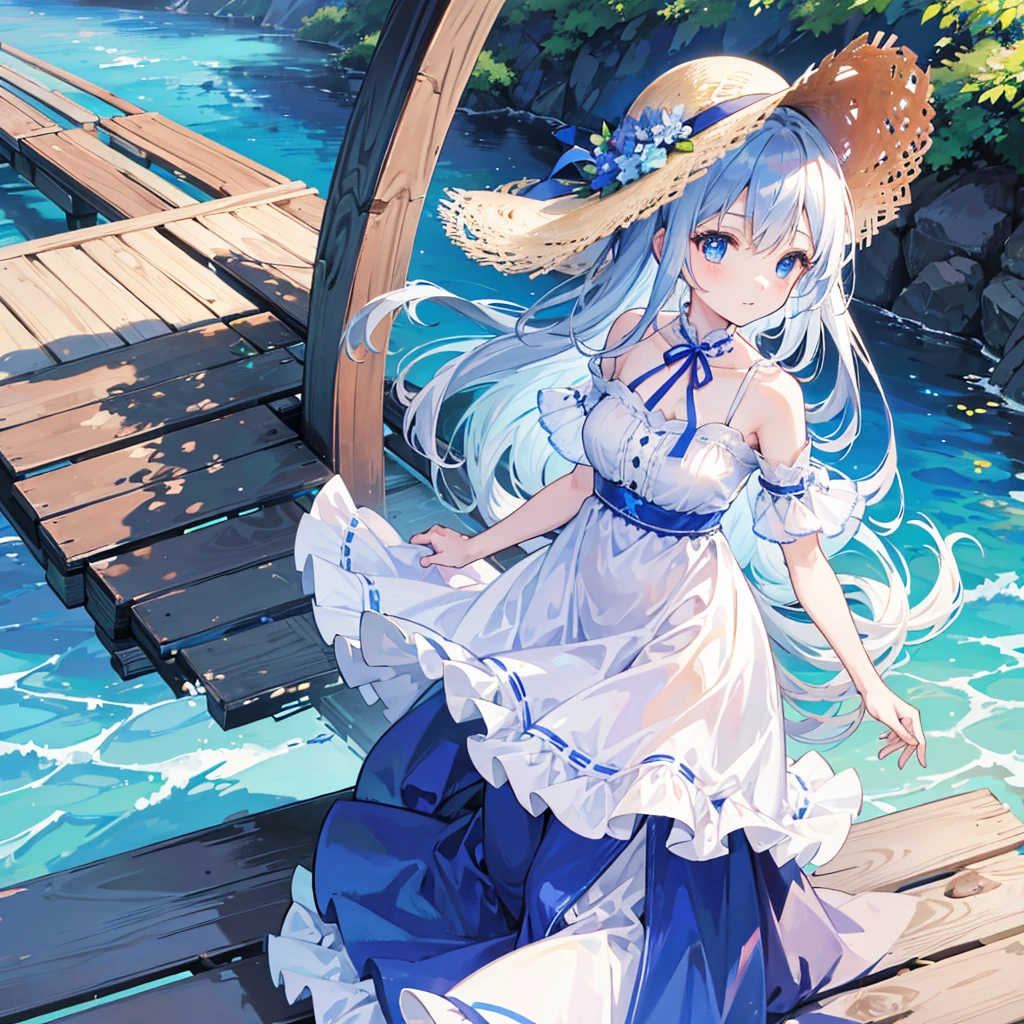 girl, looking away,looking up,Wooden Bridge ,wide shot,from viewer,Blue eyes, big eyes,droopy eyes, With blue flower corsage,off-shoulder frilled dress  ,straw hat,Slender body,  White long hair, light smile