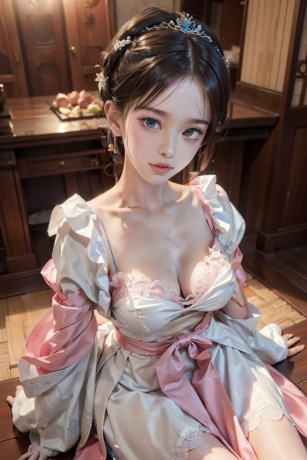 Wet-breasted Hanfu open V-chested clothes, All pictures, Wet body of thin silk fabric, Thin silk lace petticoat,princess  cute, (huge ，cleavage),petticoat, white pink, blue ，best qualtiy，tmasterpiece，Ultra-high resolution，（Reality：1.4），RAW photogr，（True skin texture：1.3），（filmgrain：1.3），（Selfie angle），1个Giant Breast Girl，Beautiful eye and face details，tmasterpiece，Best quality at best，exposing thighs，Bigchest，The chest is more exposed，short detailed hair，above looking down facing at camera