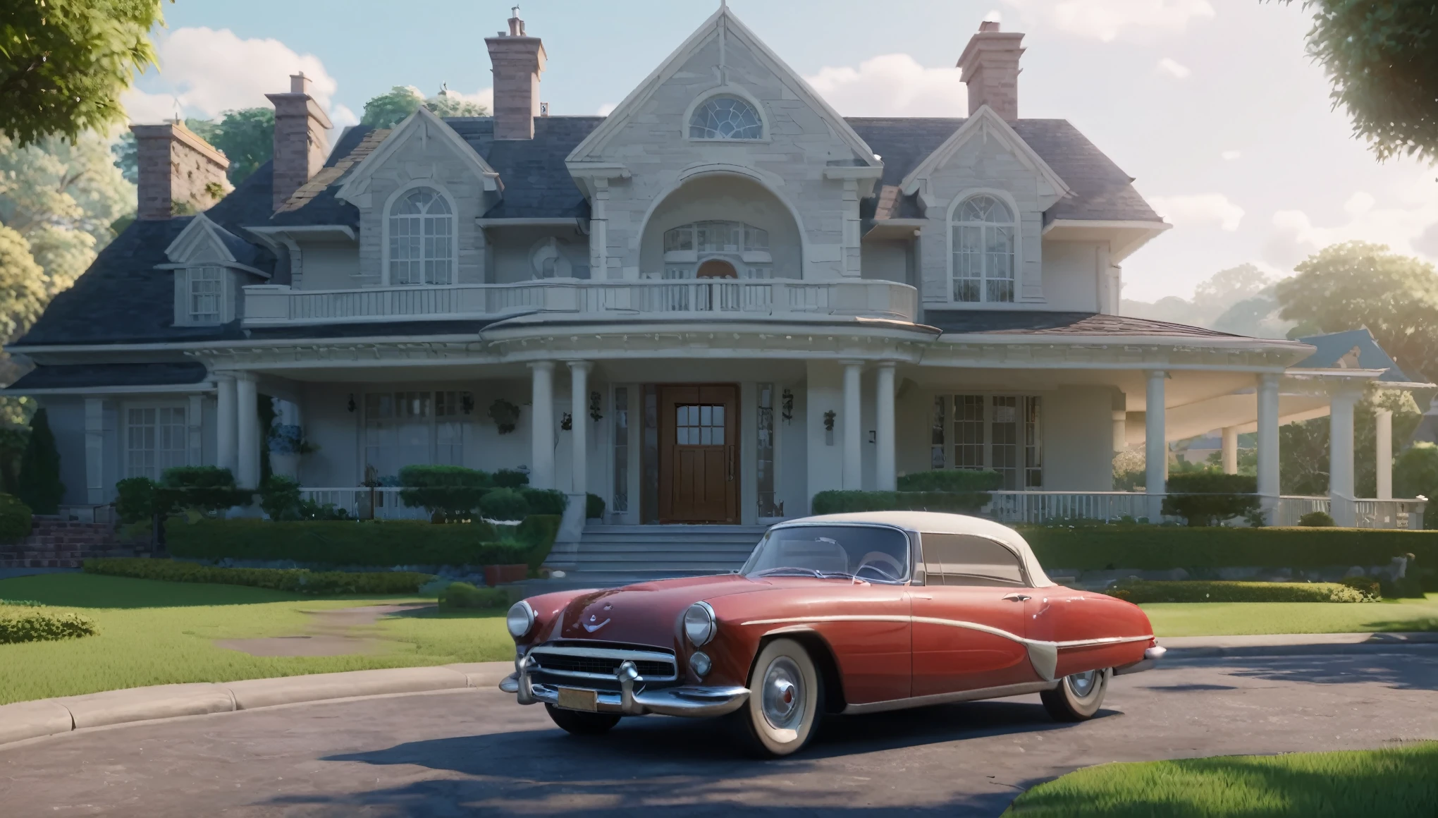 a classic car parked in front of a large house, disney concept art :: nixri, vray beautiful, still from riverdale, houzz, screenshot from the game, beautiful aerith gainsborough, by Morris Kestelman, cg architects, cozy 1 9 5 0's, by Patrick Ching