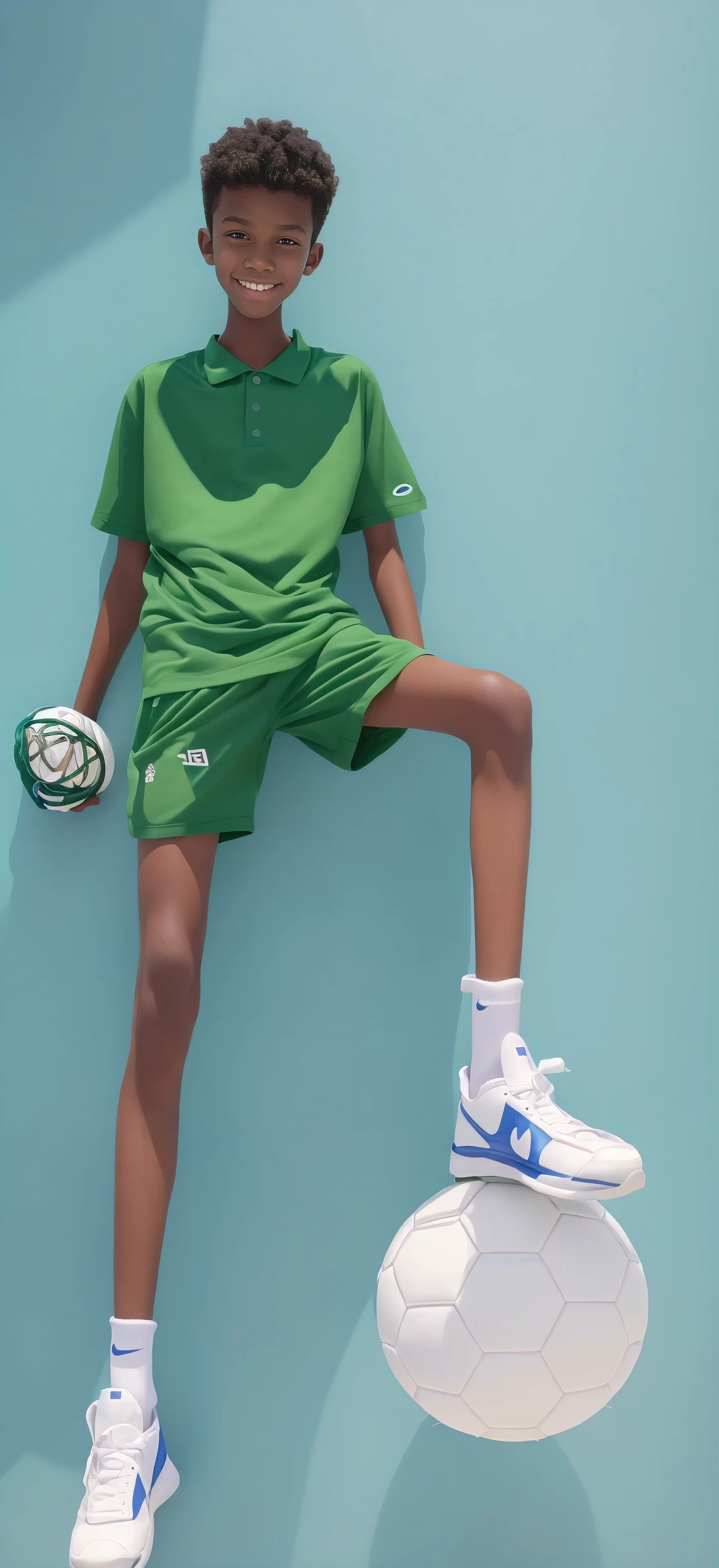 14 year old boy,(Wearing white tennis clothes,Wearing green socks),Dark skin,Big round eyes,Very short hair,Tall and skinny,Toothy Smile,Sharpen details,Knee bending,Blue Background,Sharp lines