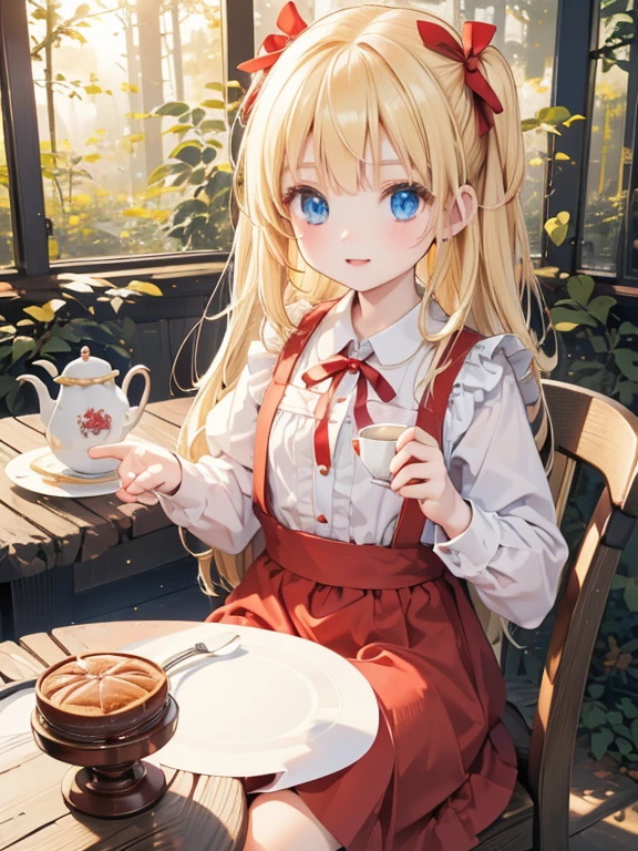 (8k, highest quality, Tabletop:1.2)、Ultra-high resolution, Detailed face, One ****************, blue eyes, Blonde, Red ribbon on head, Red dress, White apron, blue sky, in the forest, wood々, table cloth, Set of cake and tea on the table, Sit on a chair