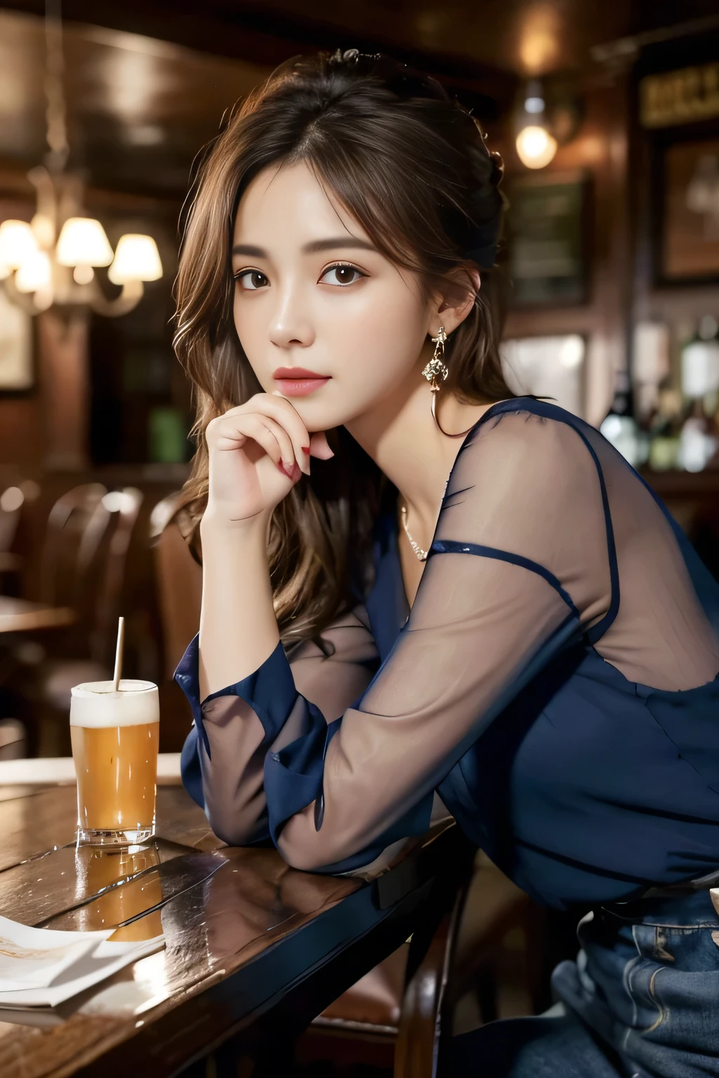 masterpiece, highest quality, Realistic, Very detailed, Finer details, High resolution, 8k wallpaper, One beautiful woman, Wear a navy blue see-through blouse, In a great pub, At night, Light brown messy hair, Perfect dynamic composition, Beautiful and beautiful eyes、Big earrings、Sitting in a chair、
