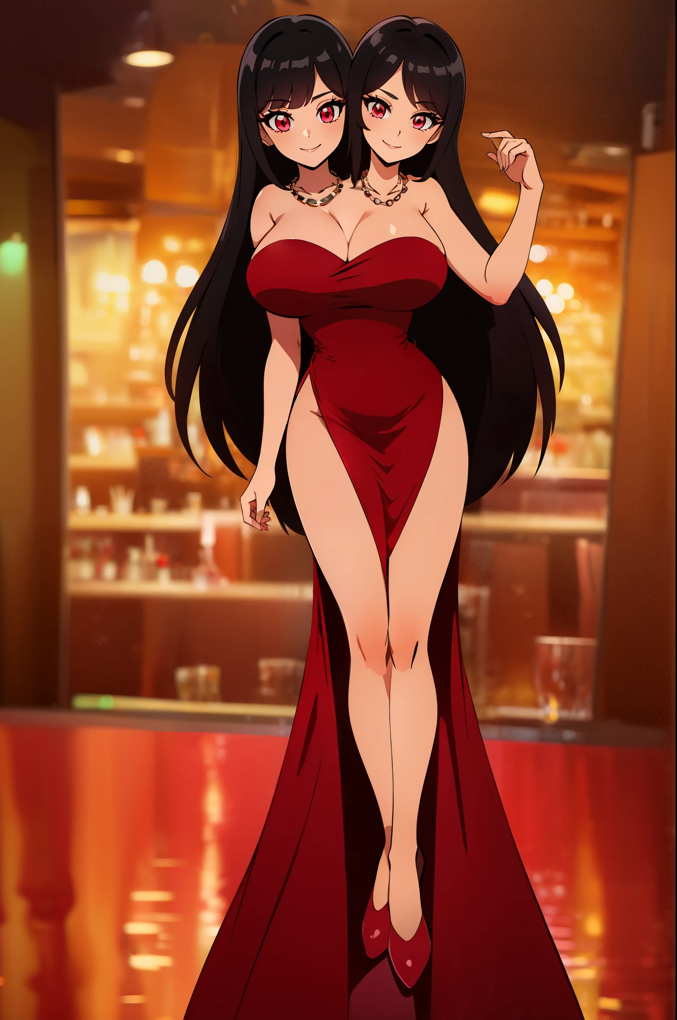 (16K), ((two headed woman)), smiling, highres, masterpiece, ((black hair)), cleavage, (( red dress:1.5)), lustrous and smooth skin, huge breasts, (mature woman), seductive silhouette, casual dress, sexy proportions, Beautiful girl with accentuated slender abs, seductive woman, ((party background)), necklace, body con dress, strapless, sleeveless, pink eyes, long hair, ((gala))