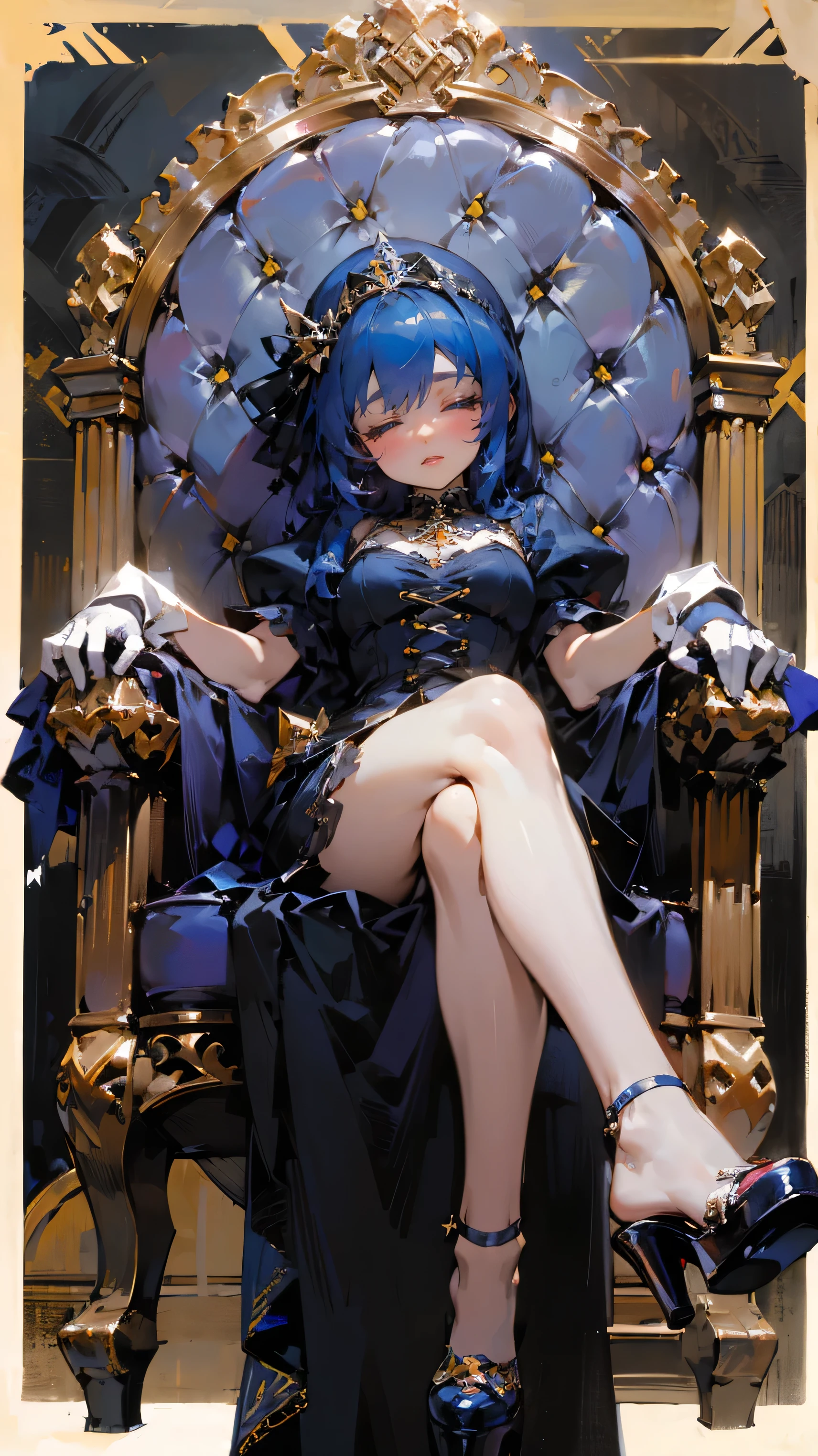 ((best quality)), Very beautiful face，Jewelry Packaging)),((1 Obese girl))From below，Cross your legs，Dark blue hair，Platform shoes，Sleeping on the throne，luxury，((Gloves))，（Nikolai Fehin），( Fisher, )，The background is a banquet，luxury，drinks，Lace-up high heels