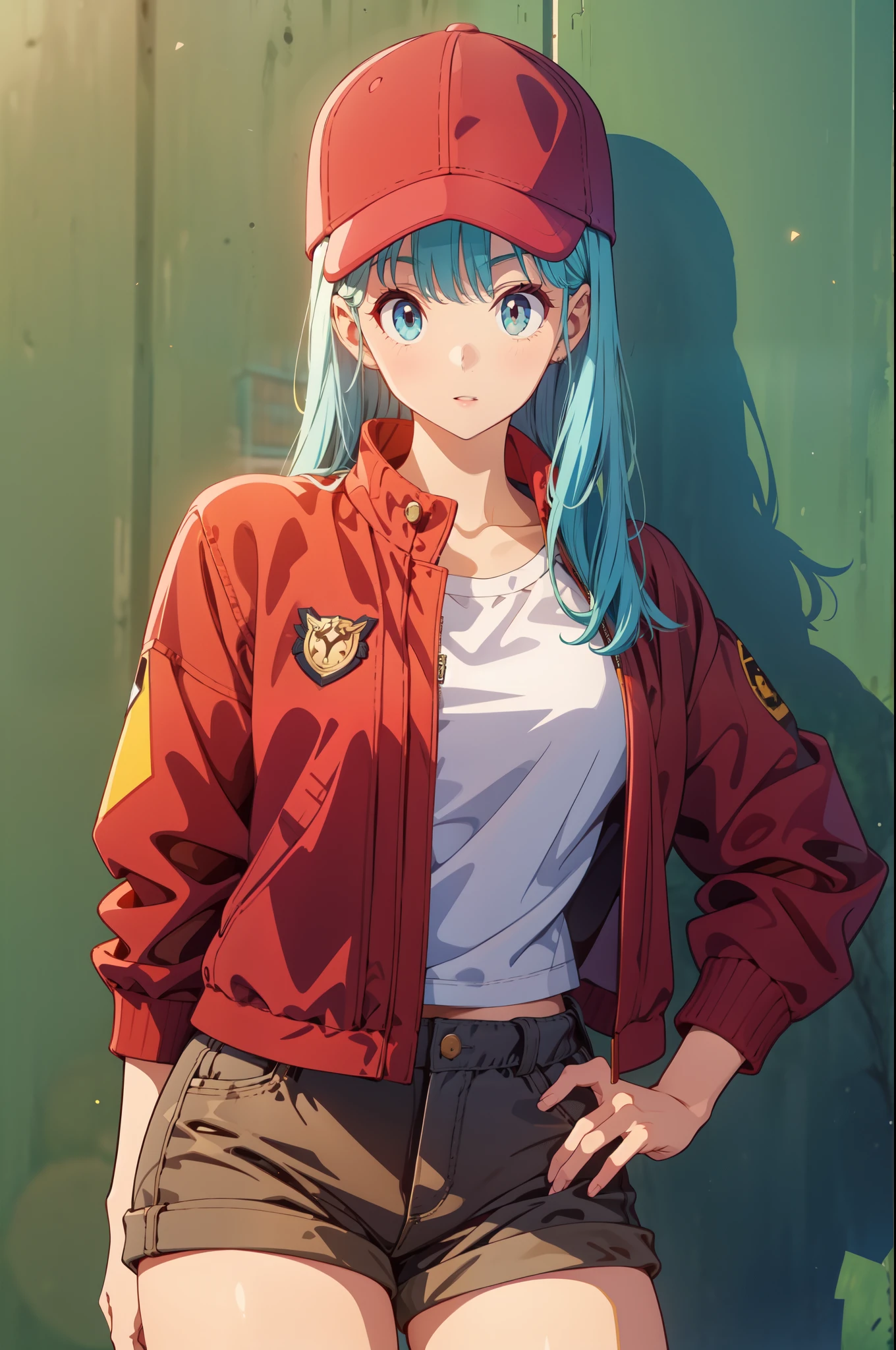 Dragon sphere, blmlong, bulma, water hair, cabelo longo, shorts, shorts marrons:1, boné de baseball, Red cap, Red Hat, jaqueta vermelha, jaqueta de couro, camisa branca:1.2, tiro de vaqueiro, olhos perfeitos:1.2, olhos detalhados:1.6, CG 8K ultrarrealista, Obra de arte, ((fundo ultra-detalhado, delicate pattern, detalhes intrincados)), melhor qualidade, detalhes intrincados, 1 garota, Sozinho, (Obra de arte:1.6, melhor qualidade)