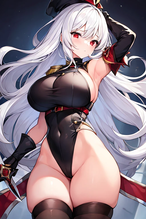 1girl, white hair, large breasts, thick thighs, leotard, knife, red eyes, black leotard, epaulettes, fur trim