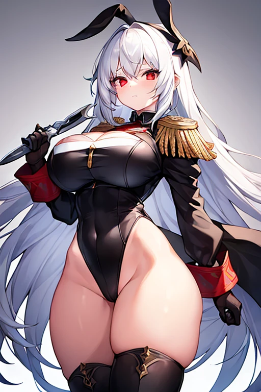 1girl, white hair, large breasts, thick thighs, leotard, knife, red eyes, black leotard, epaulettes, fur trim