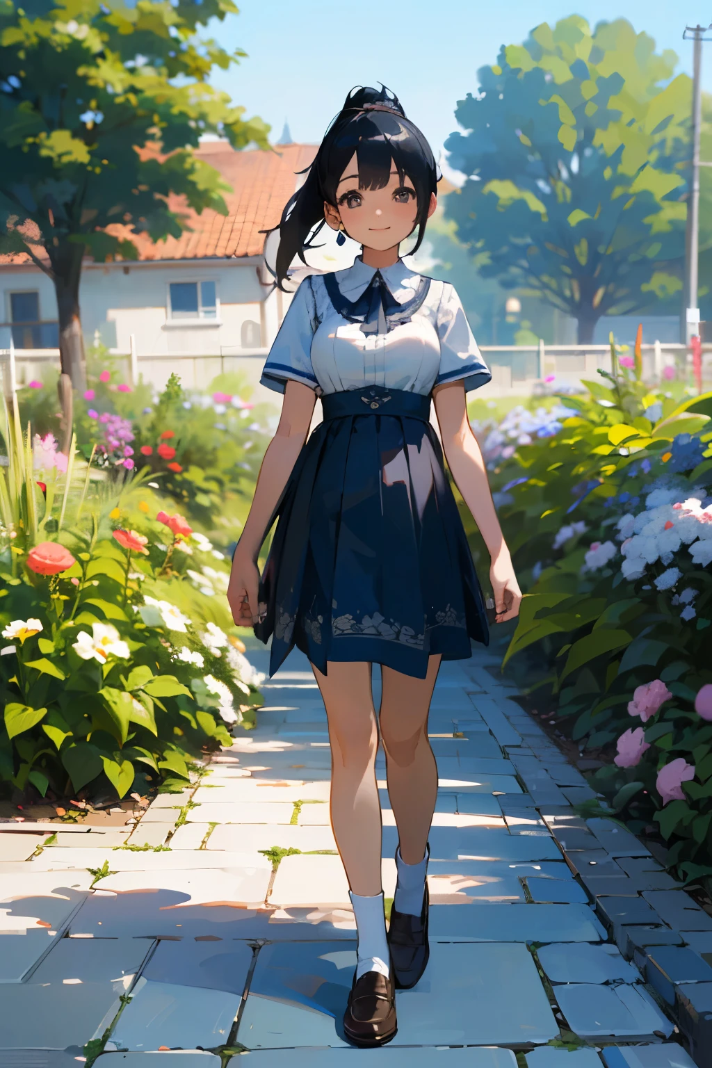 (high quality, High resolution, Very detailed, reality:1.37), Peaceful atmosphere, (Outdoor, garden), age girl standing alone, (my breasts are big.), Beautiful details, Cute Smile, (Black hair ponytail), Blue short-sleeved dress, White socks, loafers.