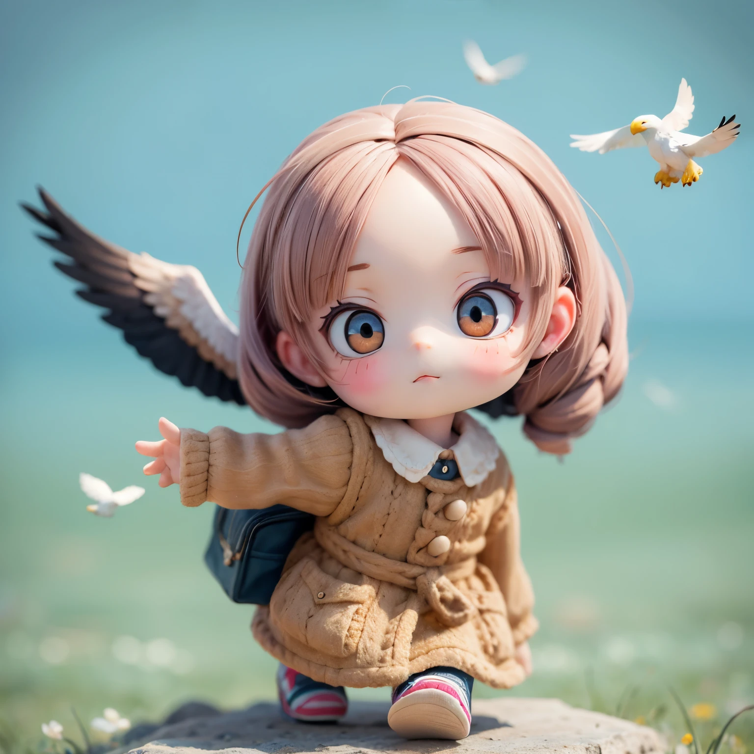 Photorealistic、Chibi Girl Doll（A  flying through the sky on the back of an eagle）